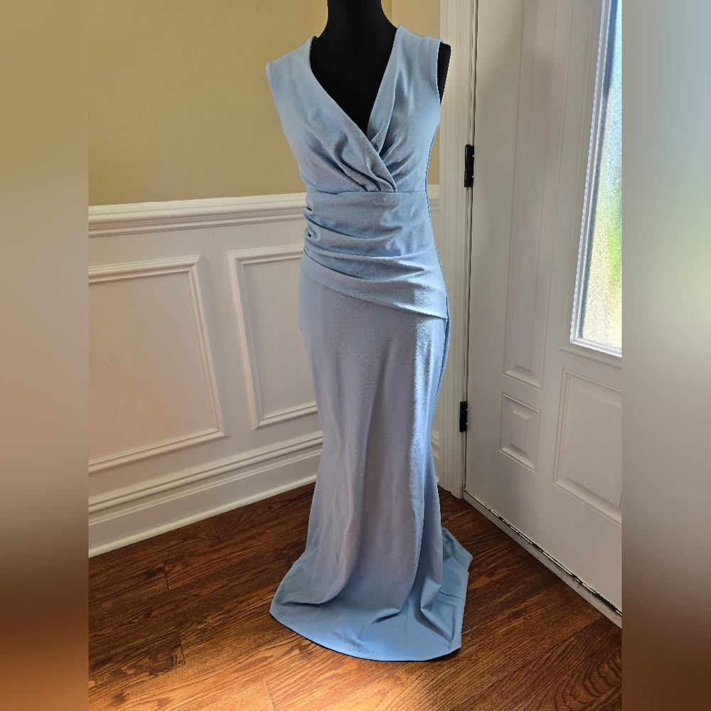 Blue Ruched Wrap Gown for Weddings